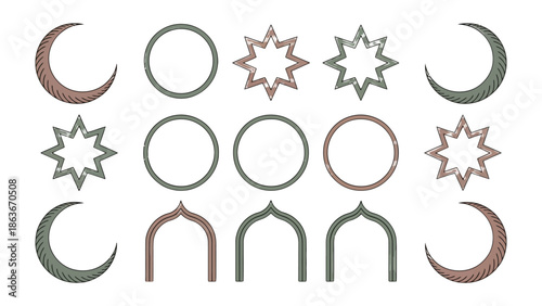 Emblem of Faith and Reflection: An array of crescent moons, stars, circles, and arches in various shades embodies the serene beauty and significance, evoking the essence of reverence.