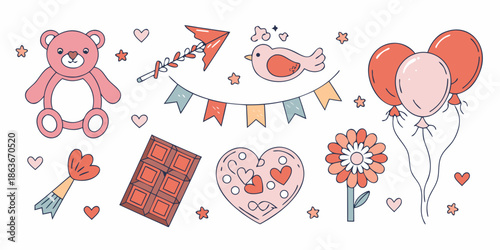 Cute hand drawn illustration featuring toys treats and heart shaped decorations