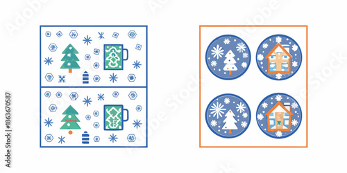 Stylized winter scenes with trees snowflakes and houses in a repeating pattern