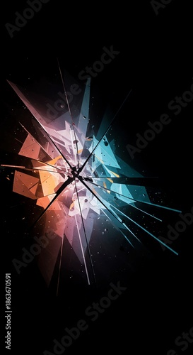 Fractured geometric shapes and shifting colors convey the chaotic nature of abstract non-linear time and reality warping effects, technology, cyber, breakdown