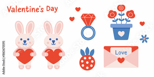 Valentine s day illustration featuring rabbits hearts a ring and floral elements