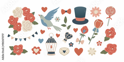 A charming collection of floral elements a bird and vintage decorative items