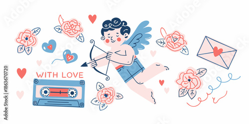 A playful cupid illustration with hearts flowers and vintage love symbols
