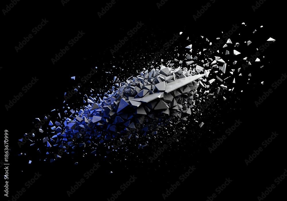 Fototapeta premium Abstract digital plane shattering into small geometric shards, dissolving into a dark void. Represents collapse and missing information, disintegration, negative space, broken