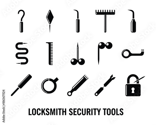Vector illustration of locksmith security tools collection. Picklocks and opening devices in black silhouette style.