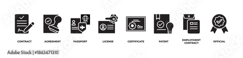 Key Contracts and Official Documents Icons set vector illustration with Contract , Agreement, Passport, License, certificate, Patent, Employment Contract, Official