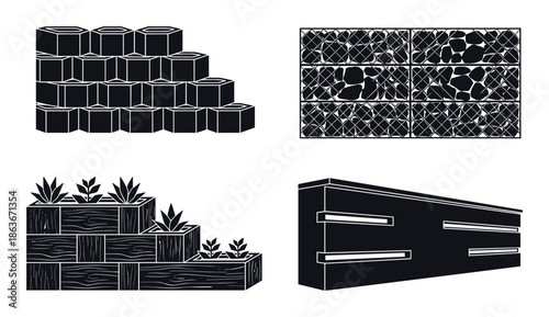 Vector illustration of retaining walls, gabion stone wall, planter bricks. Landscape elements and gardening designs.