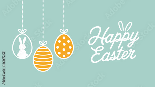 A charming light blue banner displays three distinct hanging Easter eggs and festive Happy Easter text