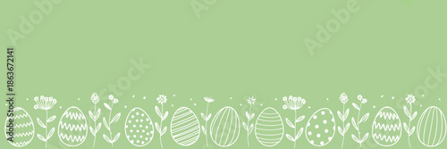 A charming light green background with a whimsical white doodle border of Easter eggs and delicate spring flowers