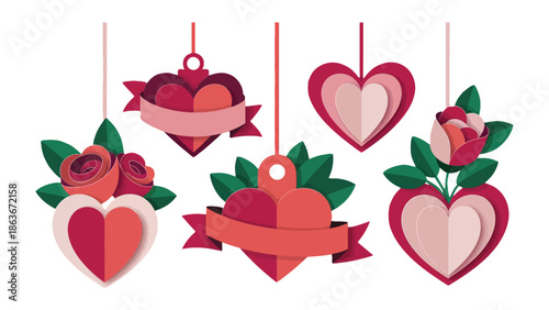 Hearts of Affection: Hanging ornaments adorned with tender hearts, a delicate rose, and elegant ribbon, symbolising the warmth of love and the beauty of sentiments. 
