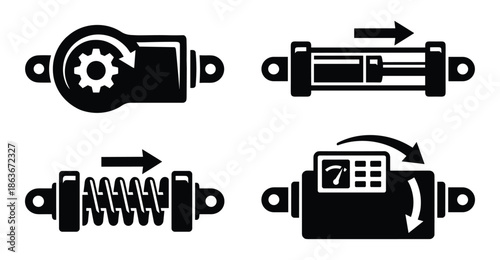 Vector mechanical diagram components set. Showing mechanical mechanisms, pistons, springs, rotation mechanism.