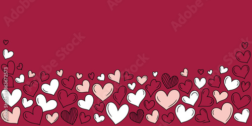 A charming sparse arrangement of hand drawn hearts in soft pink and white graces a magenta surface