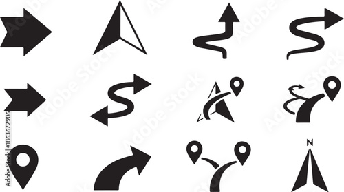 A collection of black navigation icons on a white background