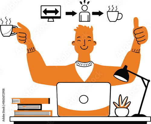 Freelancer working happily with laptop coffee productivity icons modern high resolution vector