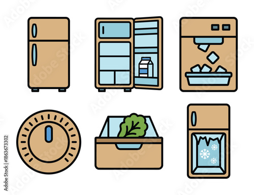 Vector set of refrigerator illustrations including open fridge, ice maker, control, and drawer.