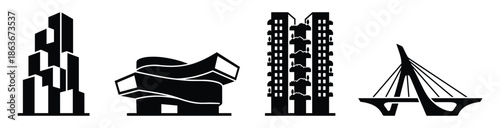 Vector silhouette architecture icons illustration set includes buildings, skyscraper, and bridge design.
