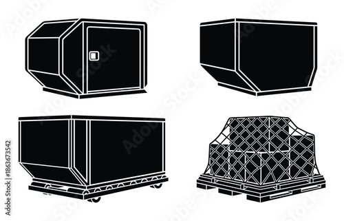 Vector silhouettes of cargo containers set. Includes ULD and pallet with a cargo net. Isolated, simple, and detailed.