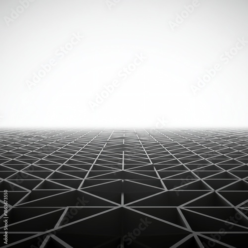 Abstract geometric pattern of repeating elements fading into a large, endless white void, suggesting silence and infinite potential, cycle, sequence, backdrop