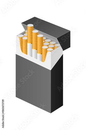 Open black cigarette pack 3D isometric illustration with filter cigarettes, concept of smoking addiction and tobacco product packaging, isolated on transparent background