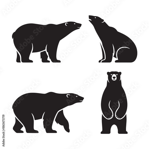 Four black silhouette bear illustrations on a white background in different poses and views