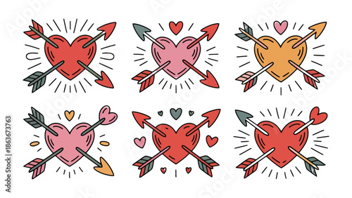 Hearts and Arrows: A collection of charming heart illustrations, each pierced by an arrow, symbolizing love, passion, and affection. A delightful visual representation of romance.