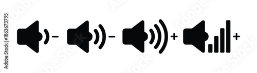 Volume level icons set showing speaker, sound control increase and decrease symbol. Perfect sound control.
