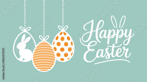 A cheerful pastel banner displays three hanging orange and white Easter eggs with stylized Happy Easter text