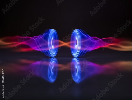 Two speakers are reflected in a mirror, with the speakers being blue and red. The image has a futuristic