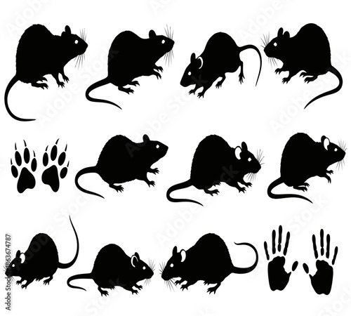 A collection of black silhouette images depicting various poses of mice including footprints and tails