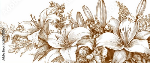 Drawing of a flower arrangement with a brown background. The flowers are drawn in a very detailed and intricate style