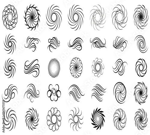 An abstract arrangement of swirling black and white lines forming various spiral and vortex shapes