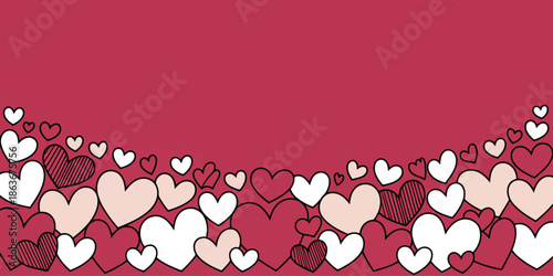 A delightful curved border of hand drawn hearts in pink and white sits on a rich magenta background