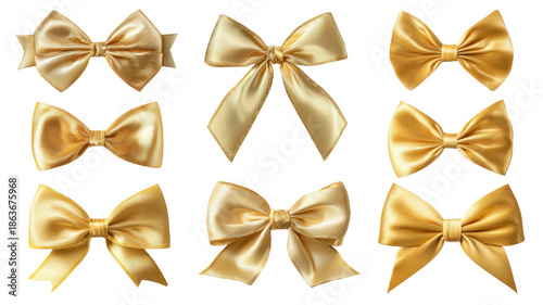 Nine golden, silk ribbon bows, different styles, on black