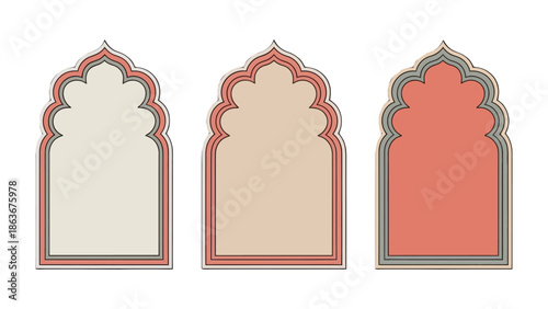 Ornamental Arches in Array: Set of three, elegantly designed arches with intricate patterns and muted color scheme, offering a timeless aesthetic and a touch of architectural grace.