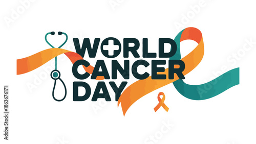 World Cancer Day Awareness: Symbolic visuals for World Cancer Day, featuring a stethoscope and awareness ribbons that signifies global unity in the fight against cancer.