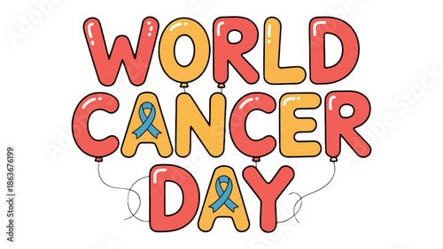 World Cancer Day: A vibrant illustration, representing awareness and support with colorful typography and a symbolic blue ribbon, symbolizing unity in the fight against cancer.