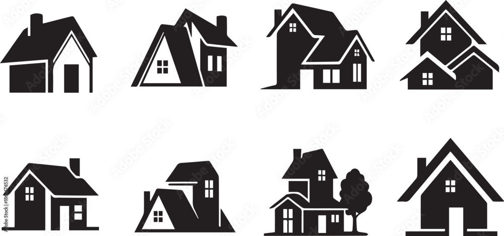 Fototapeta premium Collection of eight different house silhouettes in various architectural styles and designs