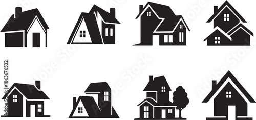 Collection of eight different house silhouettes in various architectural styles and designs