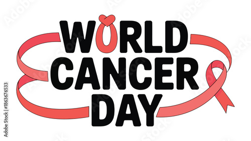 World Cancer Day Awareness: A symbolic design, featuring the words World Cancer Day with the iconic pink ribbon intertwined, emphasizing solidarity and hope.