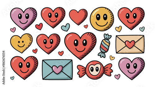 Sweet Icons of Affection: A vibrant collection of playful hearts, envelopes, candy, and a cheerful emoji, expressing joy and love, designed to evoke feelings of warmth and affection.
