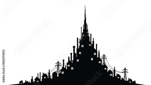 A striking black silhouette depicts a densely packed gothic style castle town on a hilltop