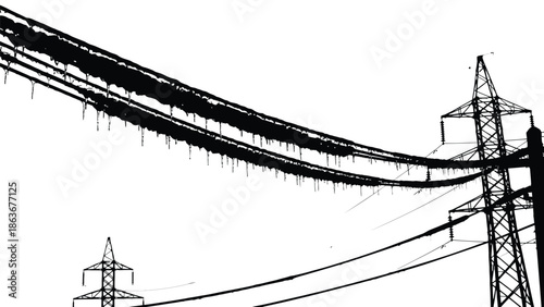 A stark black and white illustration depicts electrical power lines and transmission towers against a bright white sky