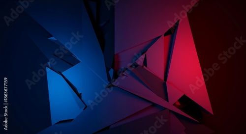 Dynamic chaos of broken geometric shapes and layered bright colors creating a mesmerizing and complex abstract composition, sharp, chaos, artistic