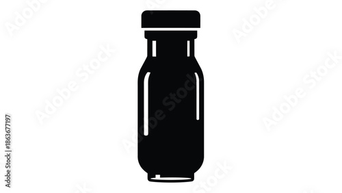 A simple black silhouette illustration of a classic glass bottle with a screw top isolated on white