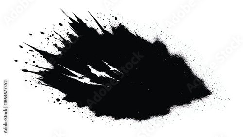 A dramatic abstract ink splatter design featuring a dark chaotic burst against a plain white background