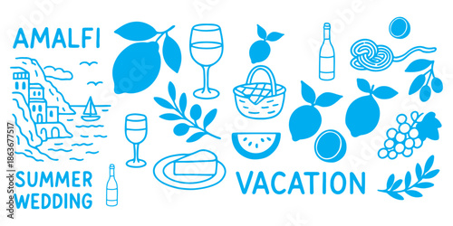 Italian Amalfi summer wedding vacation doodle style illustrations. Vector ink hand drawn Italy coast sea, lemons, wine and food elements. Sea weekend prints for invitation card to beach party, picnic