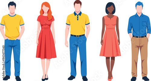 Minimalist flat vector illustration of diverse people wearing modern casual outfits, business attire, summer fashion, and trendy clothing set for lifestyle design.