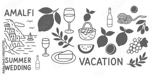 Italian Amalfi summer wedding vacation doodle style illustrations. Vector ink hand drawn Italy coast sea, lemons, wine and food elements. Sea weekend prints for invitation card to beach party, picnic