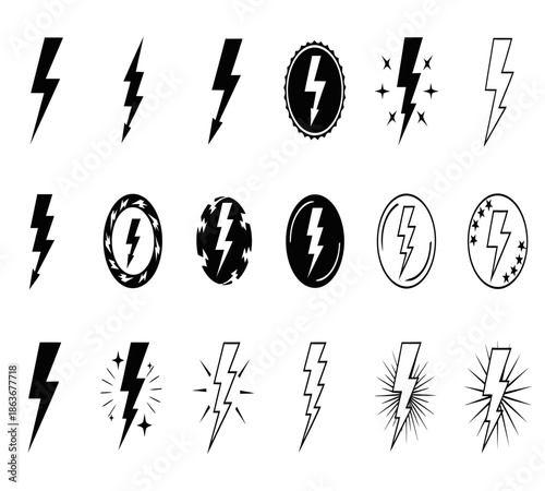 A collection of diverse lightning bolt icons and symbols depicted in black and white showcasing various styles