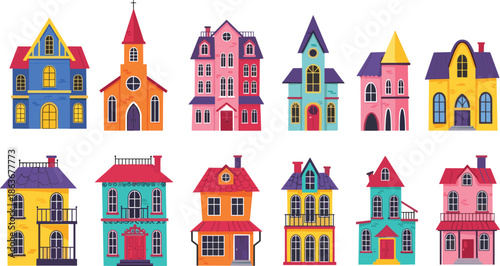 Colorful cartoon houses collection, cute residential building set, whimsical architecture illustration for kids design, fantasy town home exteriors vector art